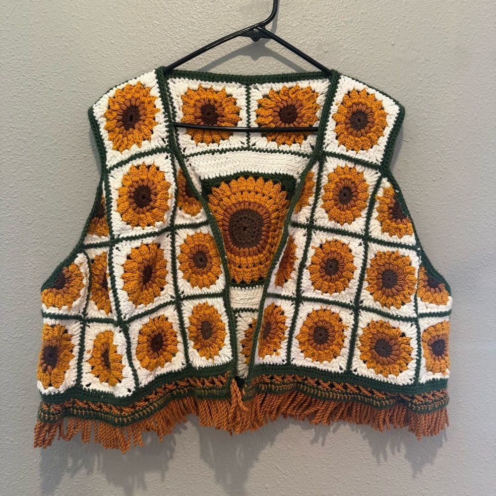 Crochet Sunflower Vest with Fringe L/XL